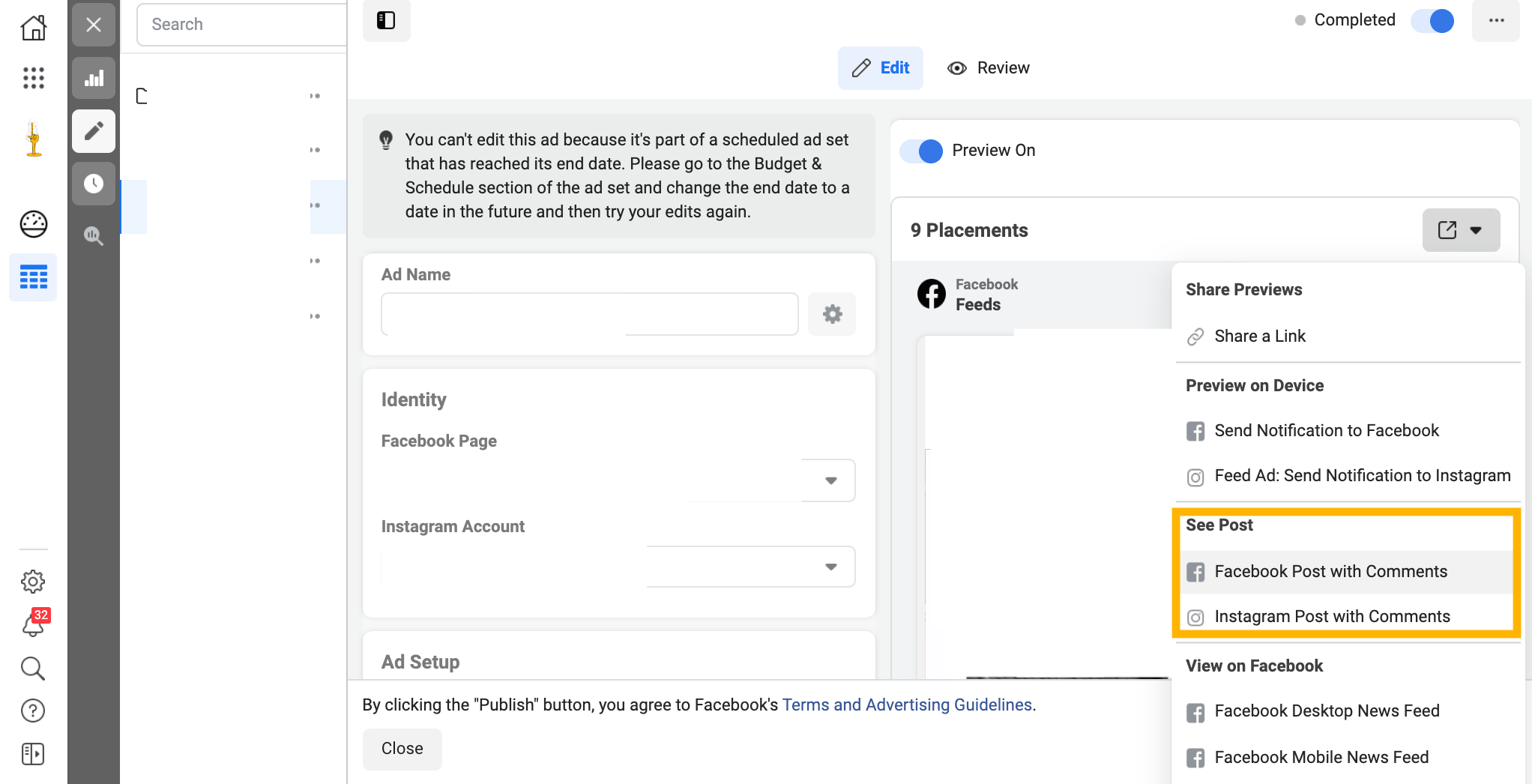 Facebook Ads Manager Comment Preview