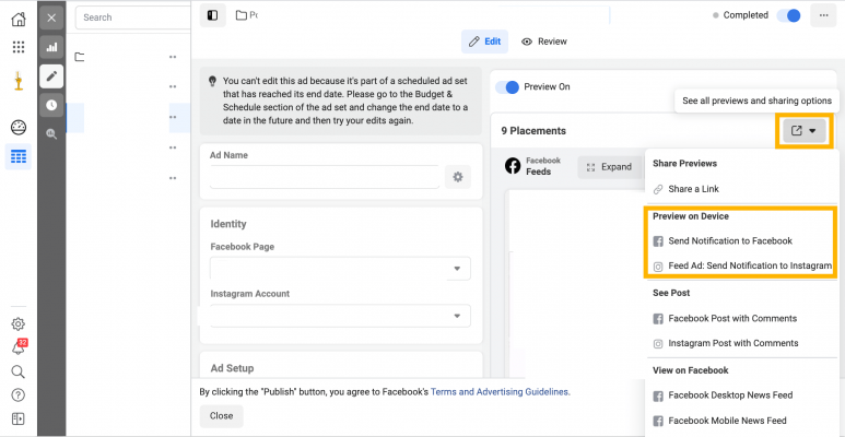 Facebook Ads Manager: Ads Preview Button